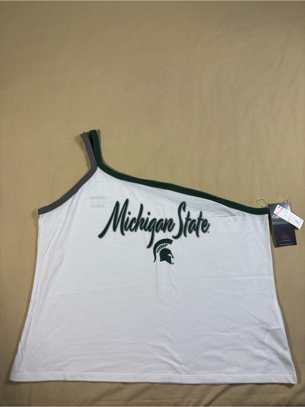 Michigan State One-Shoulder White Tank Top with Green Trim